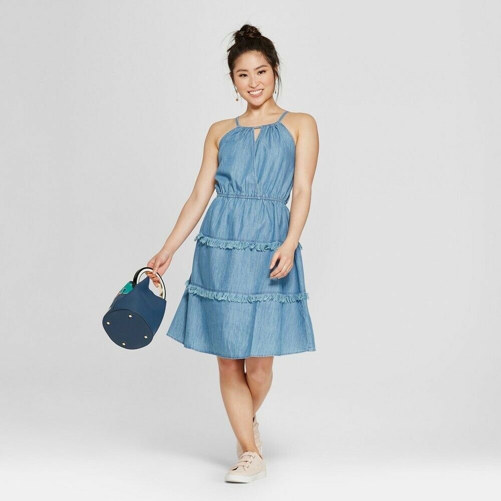Spense Fringe Halter Dress Denim Blue 10 12 14 16